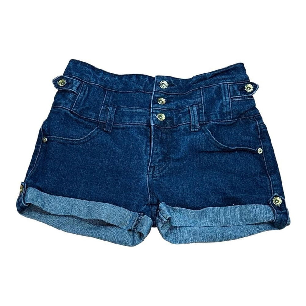 Seduction Sirens Shorts Womens 7 Blue Denim Mid Rise Cuffed Button Front Juniors